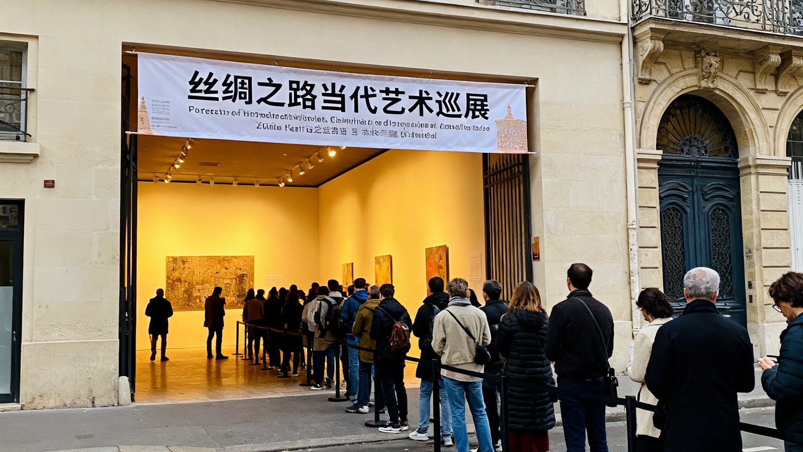 丝绸之路当代艺术巡展巴黎站开幕现场，展厅入口处悬挂着中法双语的主题横幅，观众排队入场，展馆外是巴黎典型的奥斯曼建筑街景。